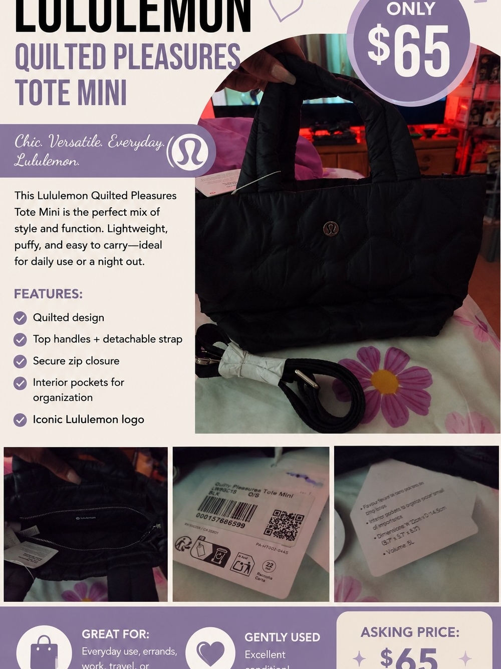 lululemon athletica Quilted Pleasures Tote Mini - Black